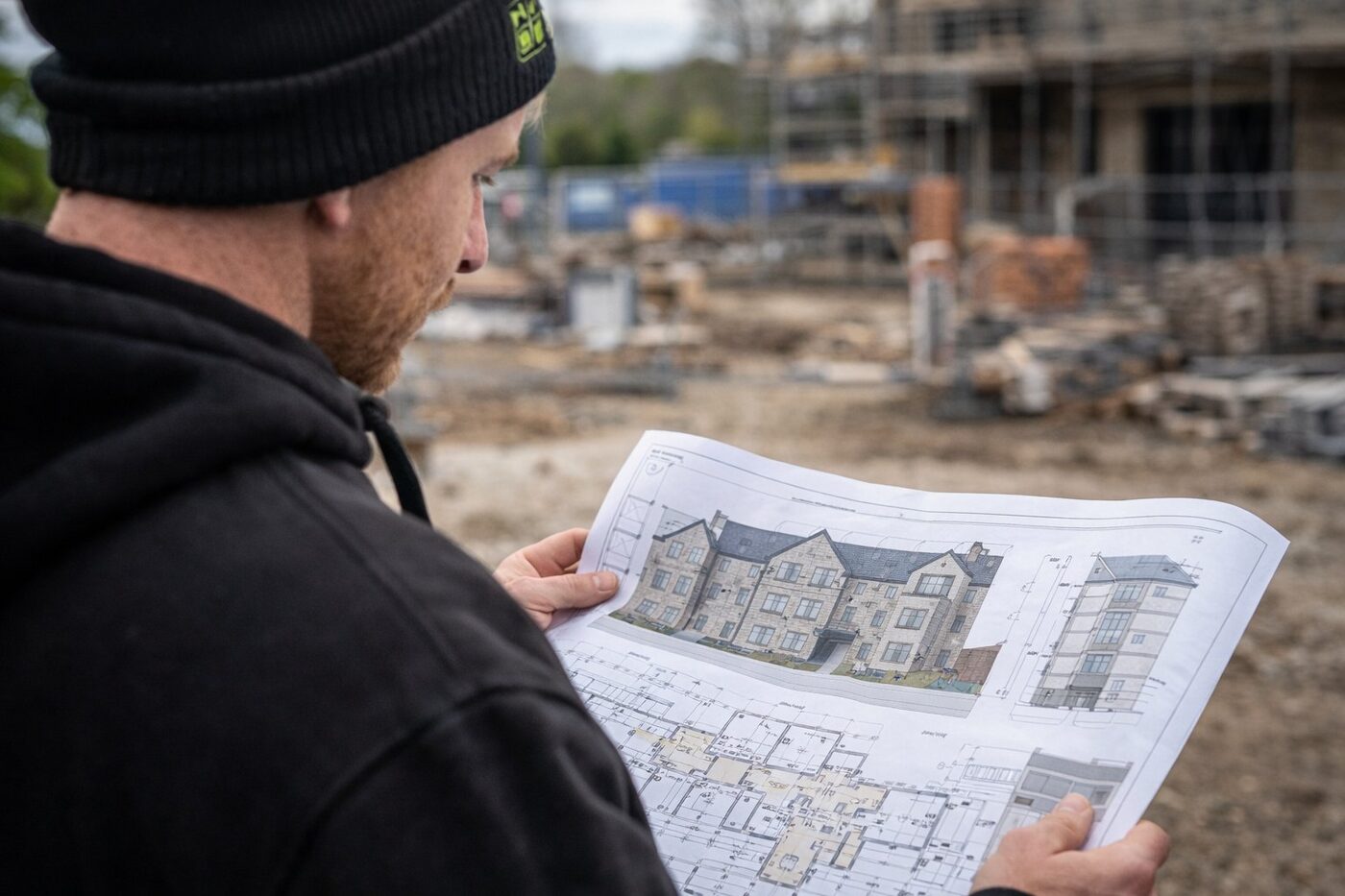 Ash Rio reviewing construction plans on site