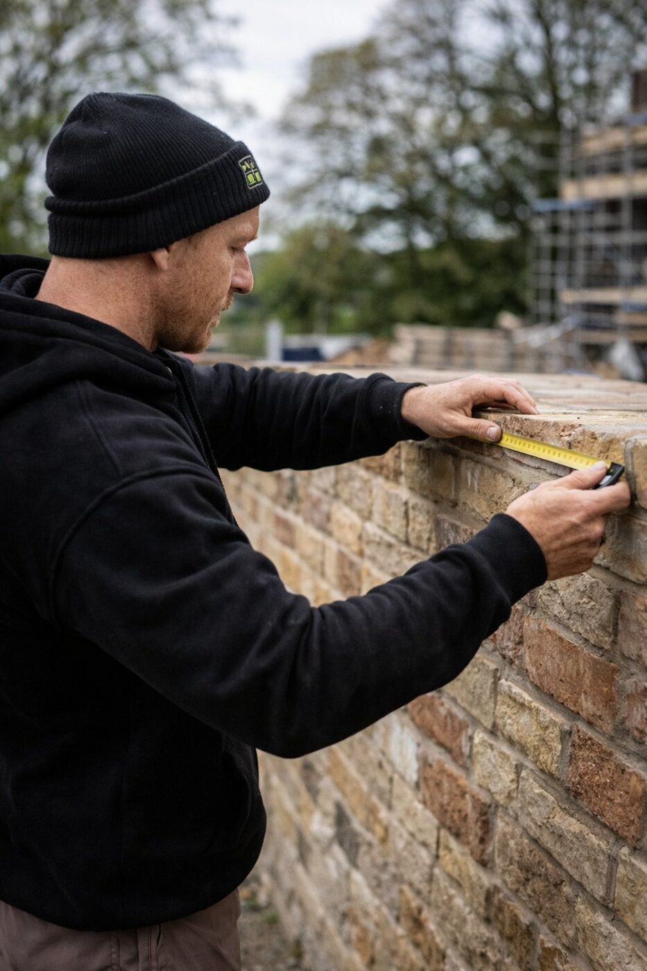 Ash Rio measuring brickwork on site — Rio Construction Thirsk
