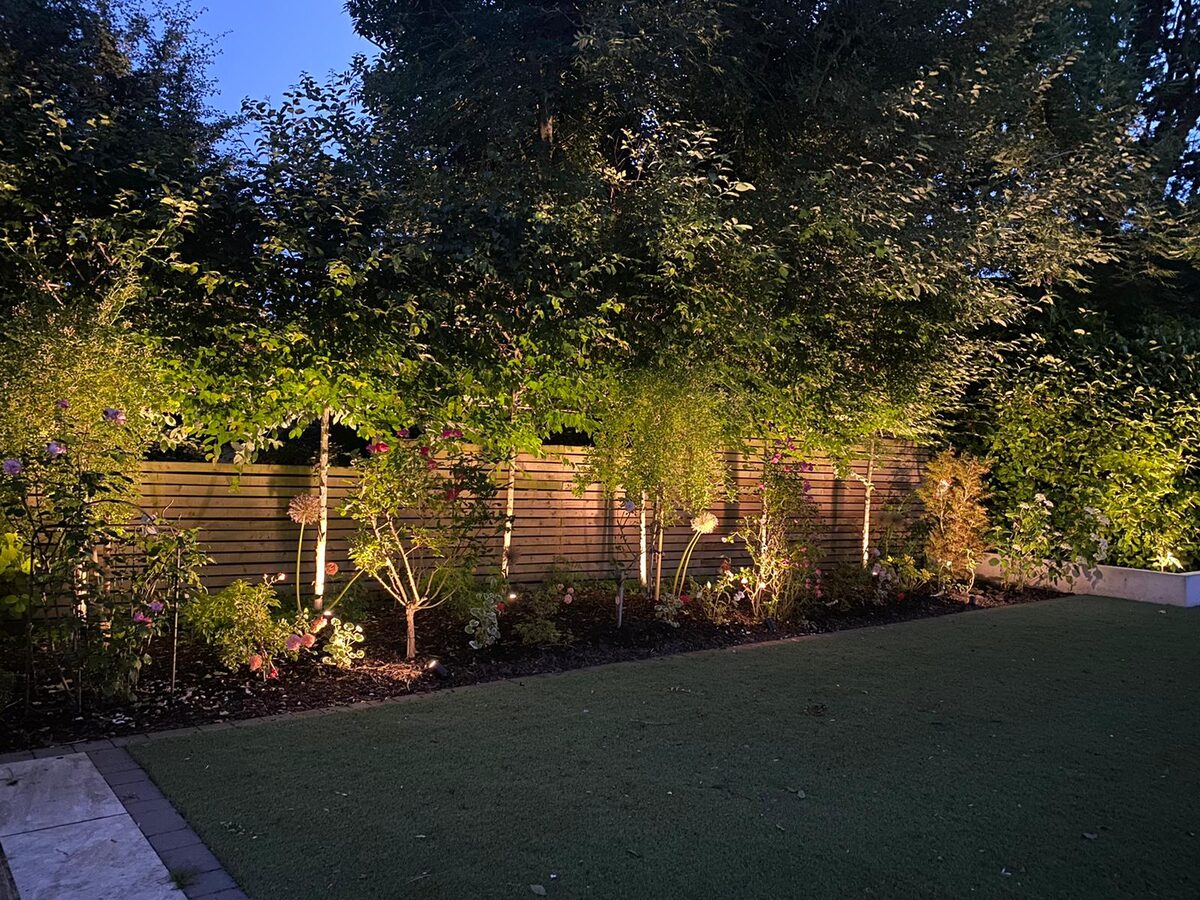 Lit garden border at dusk