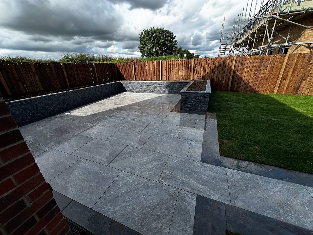 Slate patio with raised planters